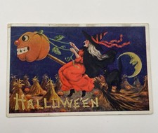 VTG 1909 HALLOWEEN Witch & Cat Riding Broom Embossed Postcard