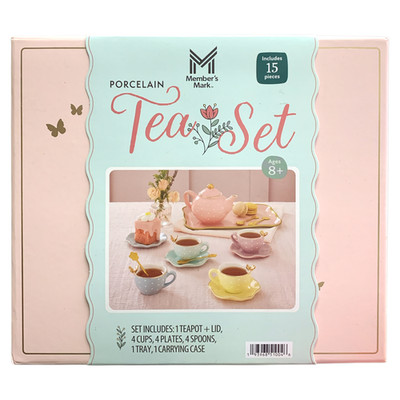 Member's Mark 15-Piece Porcelain Butterfly Tea Set and Carrying Case (Pink)