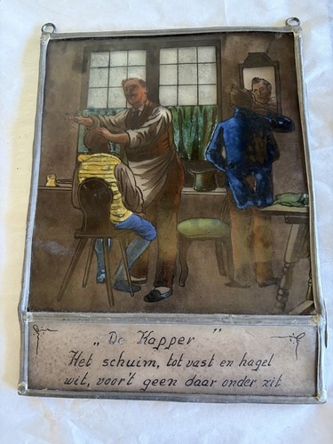 Antique European  Painted Glass Barber Picture Well Done Maybe RARE