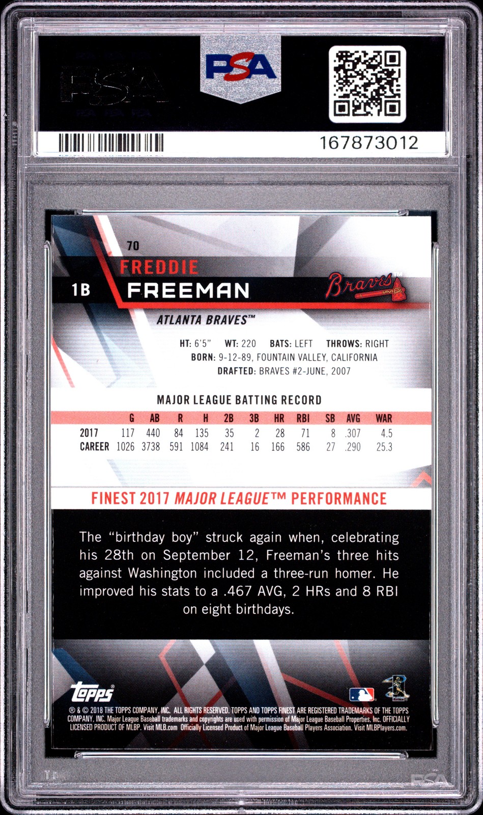 167873012 Freddie Freeman 2018 Topps Finest #70 Refractor PSA 10 view 2