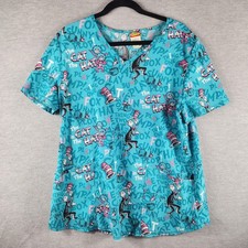 Dr. Seuss Blouse Womens Large Blue Cat In The Hat Print Scrub Tunic Top