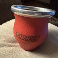 Vintage Taragui Yerba Mate Cup Hand Stitched Red Leather Glass Lined