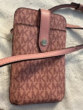 Michael Kors Pink/Brown Logo Crossbody Phone Pouch/Wallet Gold Hardware