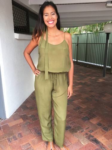 Jumpsuit Khaki Green Silk Crepe Romper,Overall Playsuit 10-14, Kaftan Silk Crepe - Foto 4 di 9