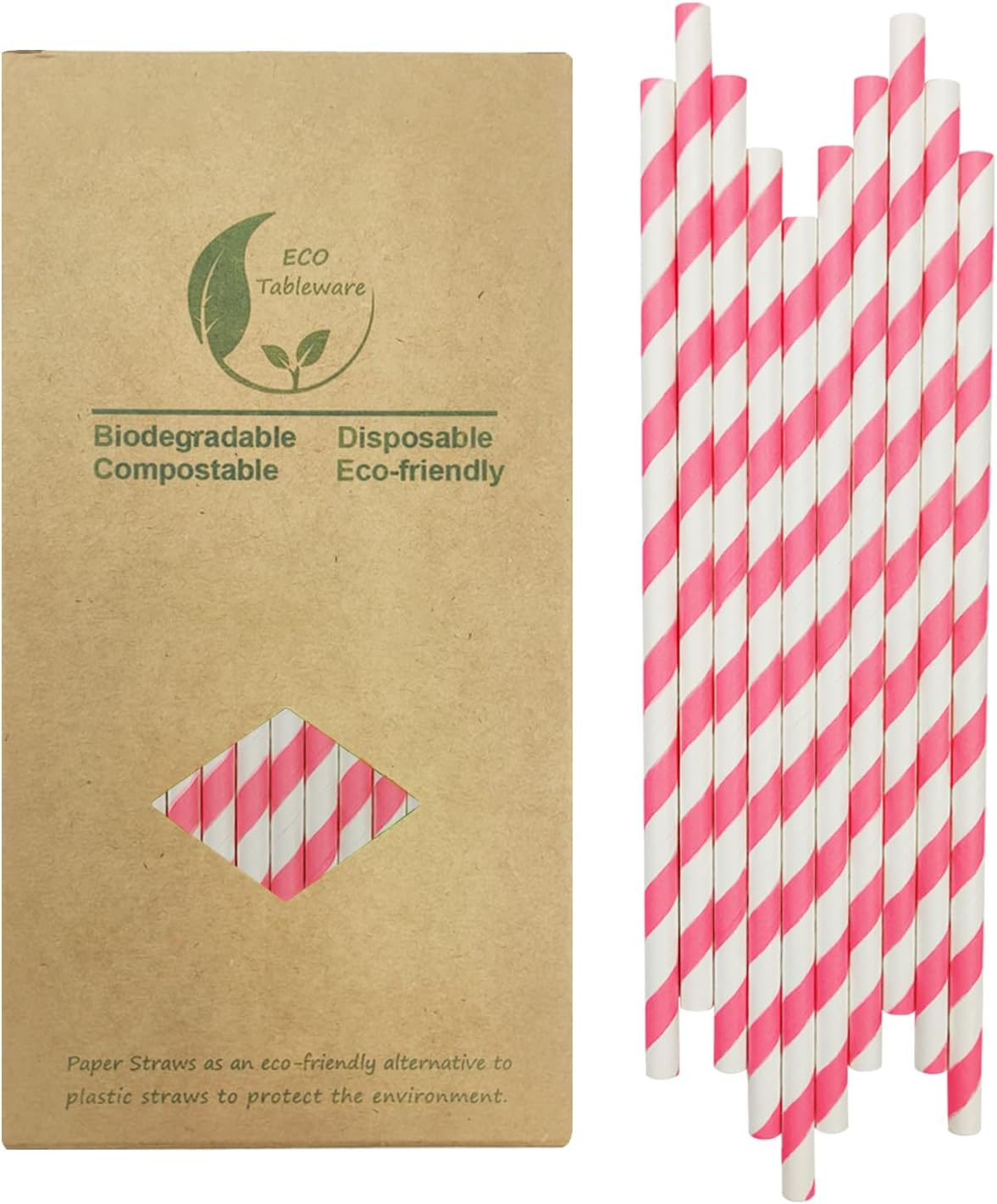 Hot Pink Striped Paper Straws, Disposable Bright Pink and White Paper Drinking S