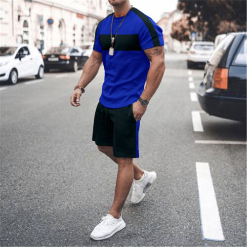Summer Men Short Sleeve Round Neck T-Shirts+Shorts 2 Pcs Set Sweatsuit Outfit - Picture 5 of 18