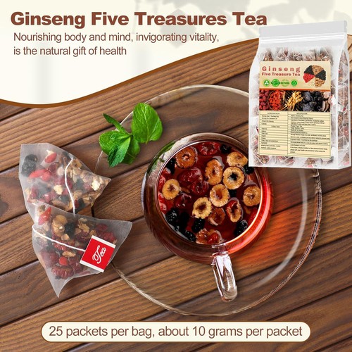 Ginseng Five Treasure Tea - Kidney Support, Red Date Herbal Blend 250g / 25 Bag