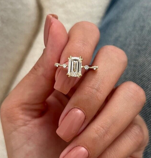 Emerald Cut Moissanite Engagement Ring with Double Claw Prongs for Her-image