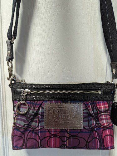 COACH Poppy Canvas Leather Tartan Plaid 