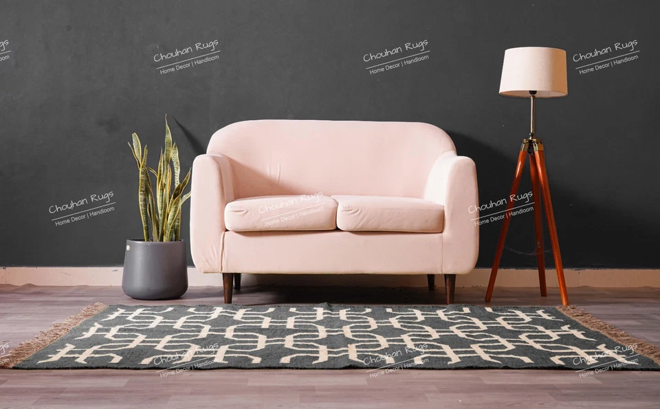 Alfombra Kilim de Yute de Lana de Diseño Blanco, Decoración Alfombra de Yute Negro, Alfombra de Yute con Flecos Foto 4 de 4