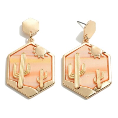 Cute Orange & Gold Cactus Pearlescent Drop Earrings
