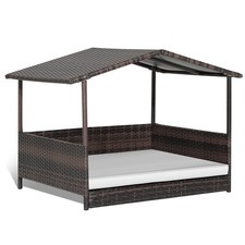 Indoor/Outdoor Wicker Dog House w/ Cushion Lounge Raised Rattan Bed White