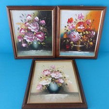 Ölbilder mit Holzrahmen Handgemalt 3 Stk. Blumenstrauß in Vase Stillleben