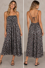 ZARA Womens Midi Dress Size Medium Black Floral Satin Sleeveless Open Back Flowy