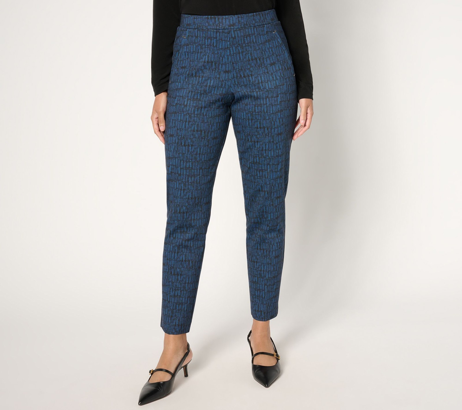 Susan Graver Women's Petite Pants PM Printed Ponte Knit Slim Leg Blue A673300