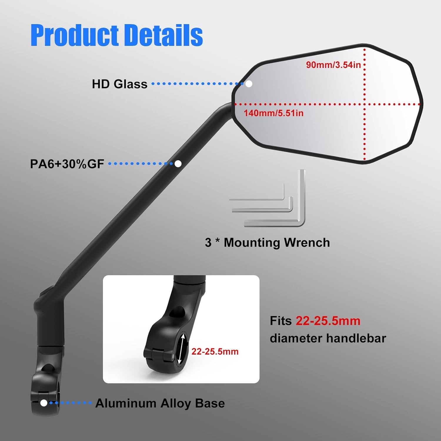 Bike Mirror, [Long Arm] 2 Pcs HD Wide Angle Large Bicycle Mirrors for Handlebars