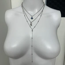 Elegant Silver Multi Layered Necklace with Blue Accent crescent moon celestial 