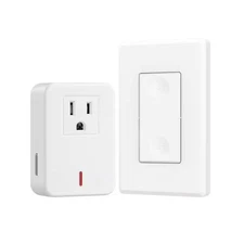 Plug-In Wireless Wall Mount Push Button On-Off Light Switch in White with Outlet