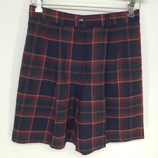 90s Vintage Plaid Pleated 7" Shorts Womens 8 Navy Red High Rise Waist Tartan USA