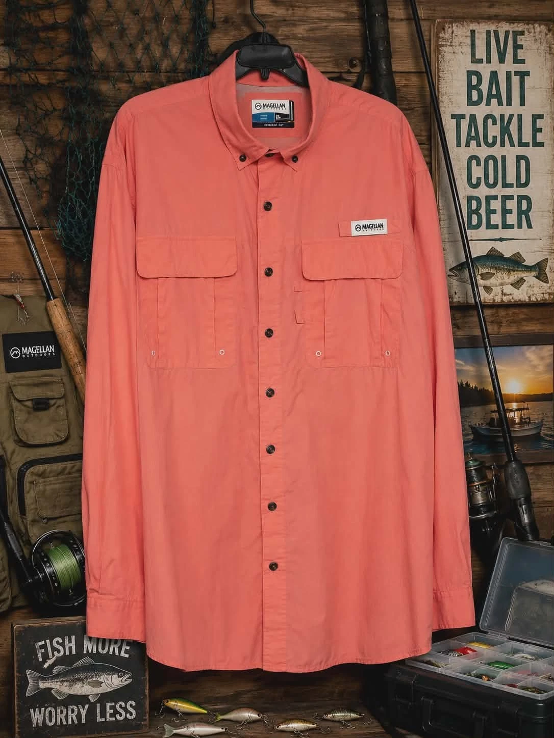 Magellan Outdoors Men’s Coral Salmon Fishing Shirt Size 2XL Vented Back...