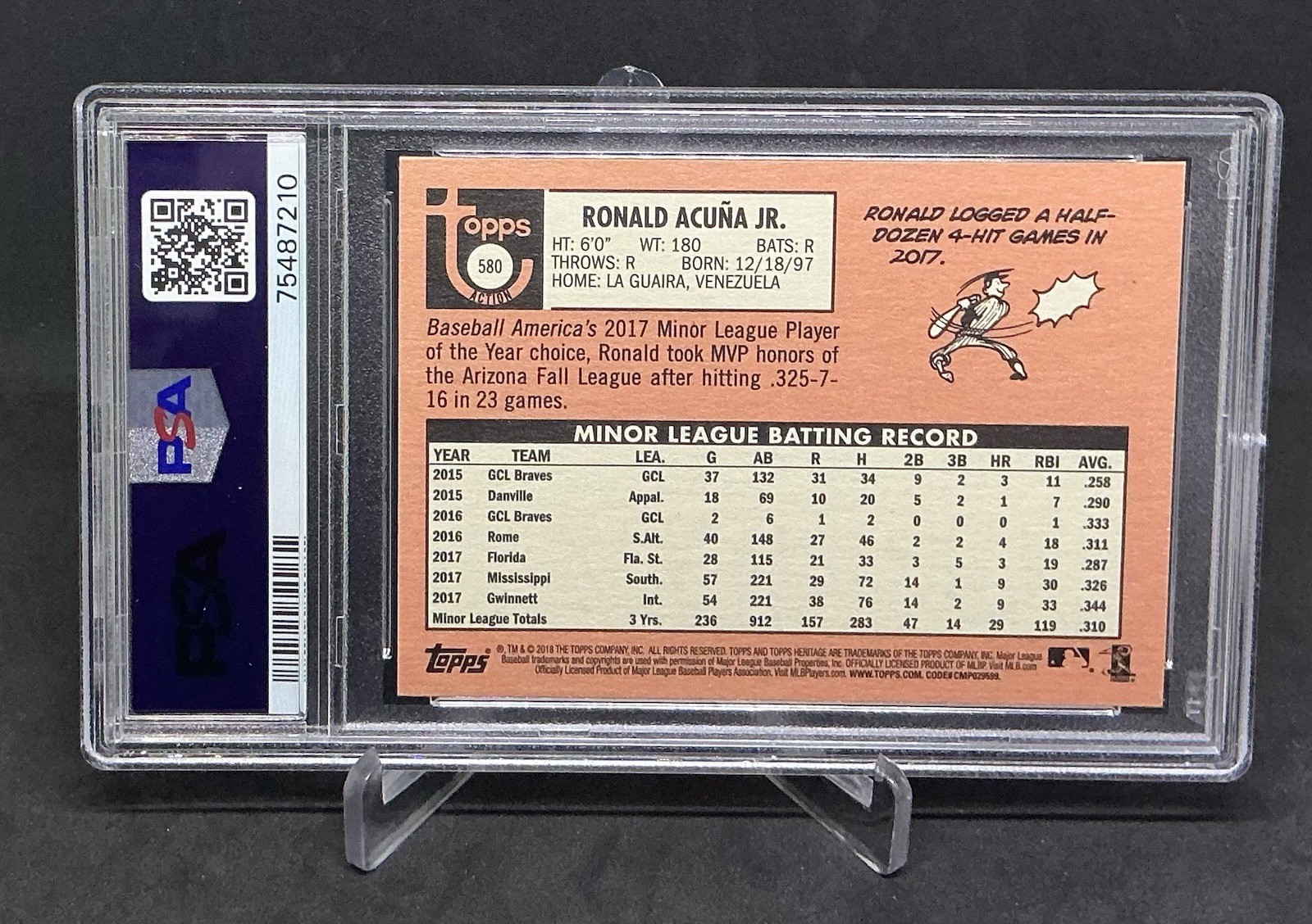 2018 Topps Heritage Ronald Acuna Jr. #580 Action Variation RC Braves PSA 10 view 2
