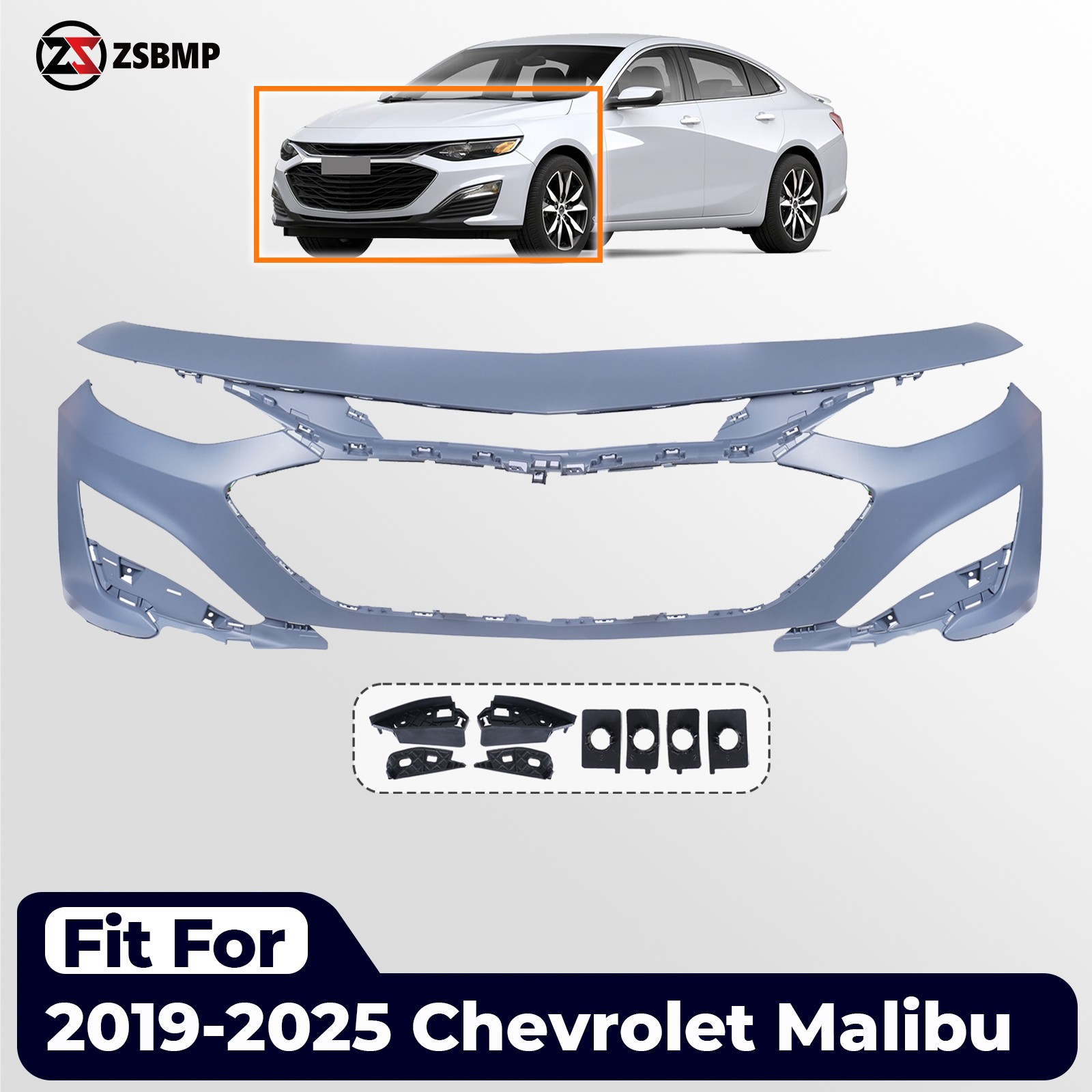 Primed Front Bumper Cover For 2019-2025 Chevy Malibu W/bracket W/O Hole 84543709