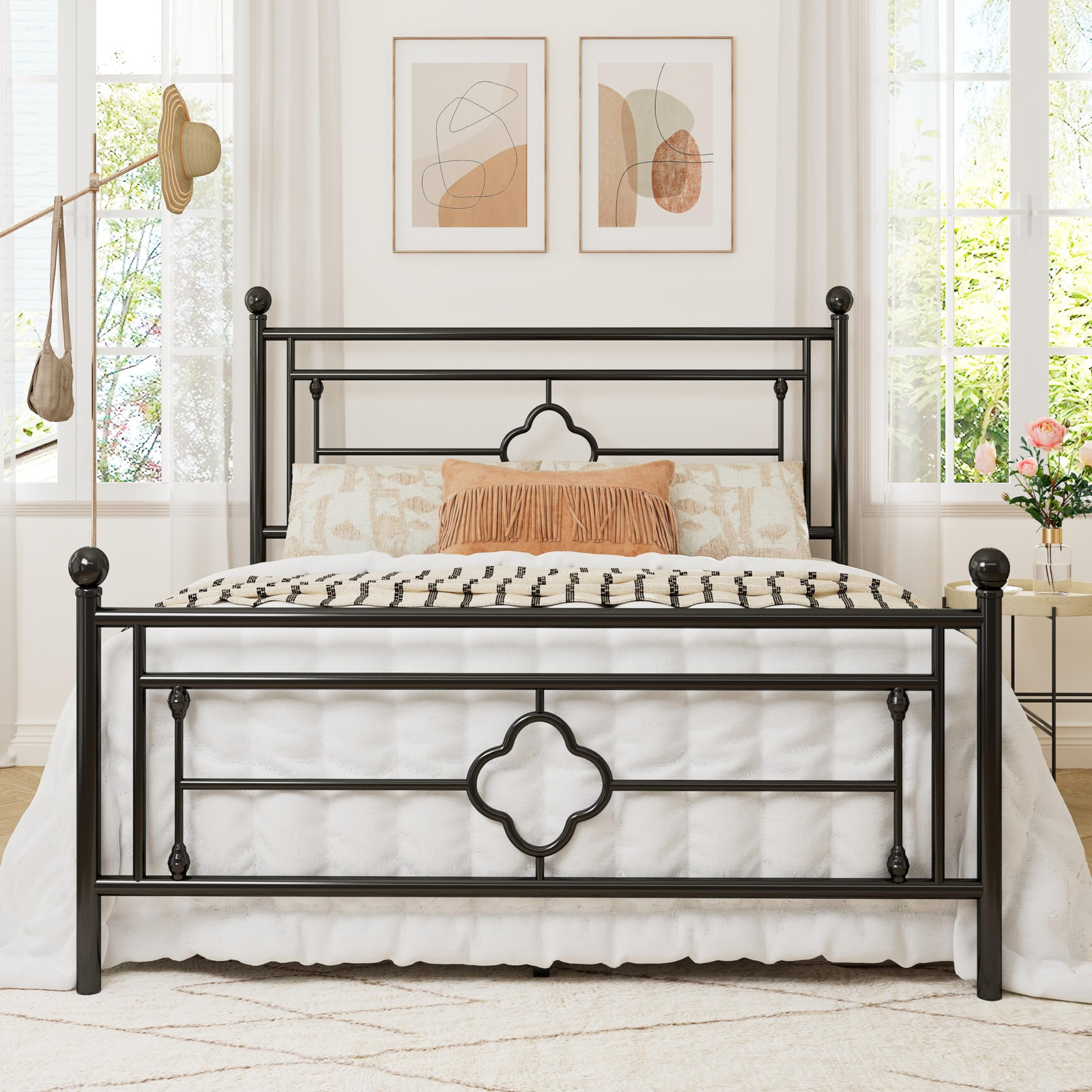 Queen Size Metal Platform Bed Frame with Victorian Vintage Headboard and Foot...