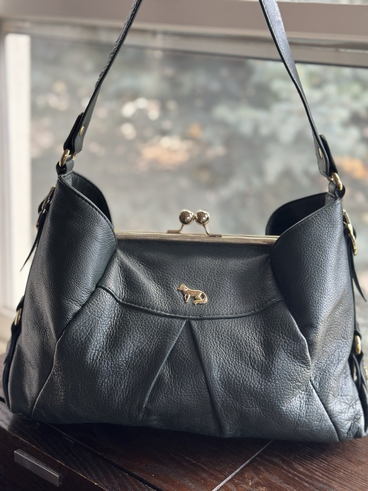 🖤 Emma Fox Black Shoulder Bag with Kiss Lock, Gold Hardware & Buckle Accent 🖤