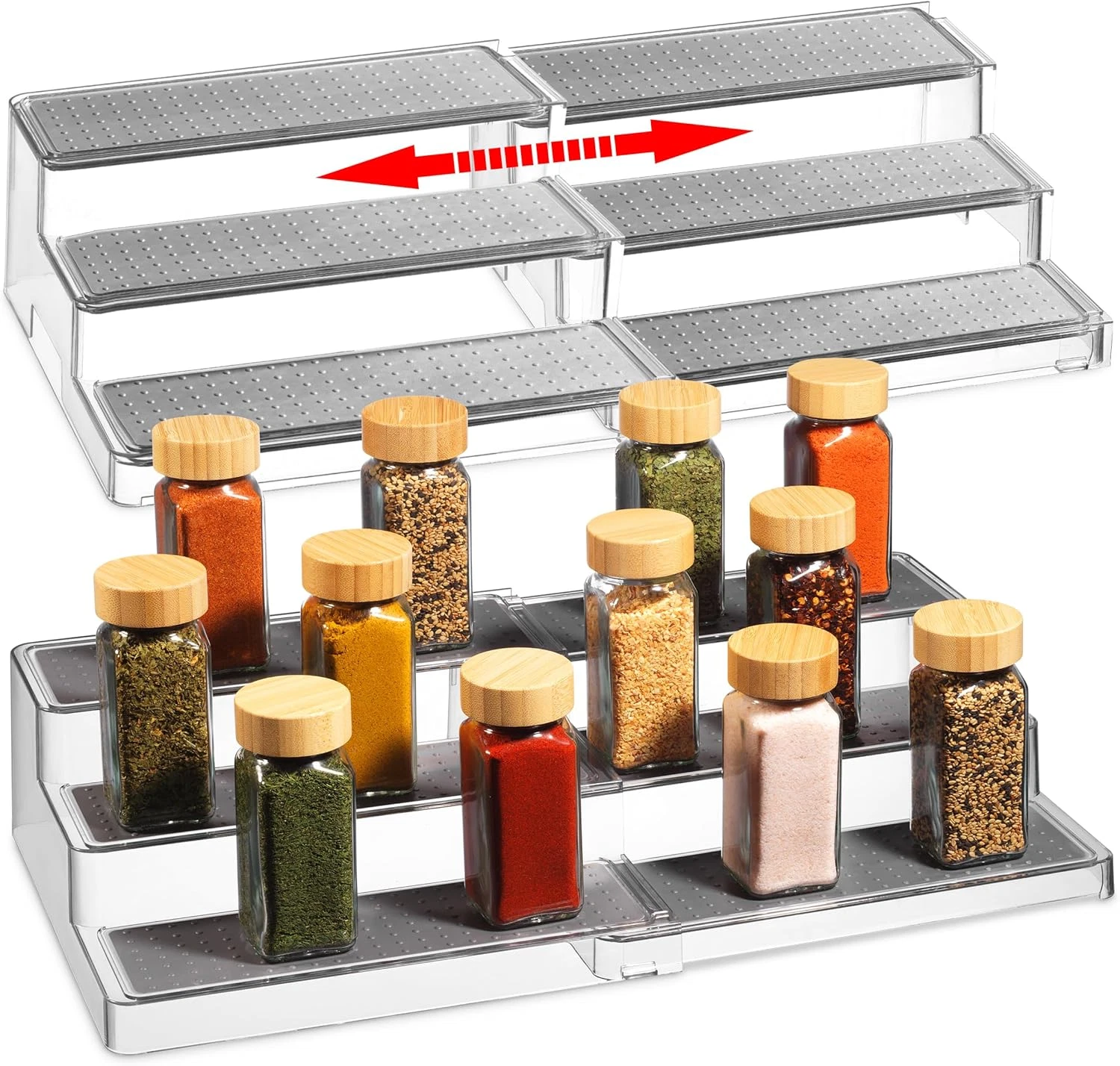 2pc Expandable Spice Organizer Rack- 3-Tier Clear Adjustable Tiered Shelf Spices