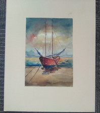 marine watercolor painting Antique Watercolor Seascape with Sailboats in Carved Wood Frame — listing 5