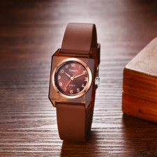 Women's Square Watch with Arabic Numeral Dial Adjustable Silicone Strap Brown