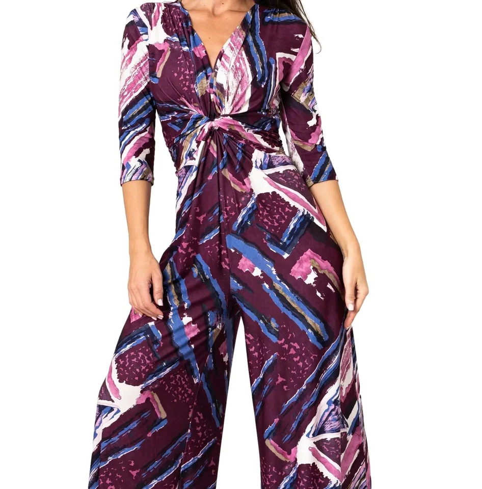 Damen Overall Palazzo Mit Abstraktem Knoten Lila 3/4 Ärmel V-Ausschnitt Neu - Bild 3 von 4