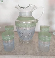 Vtg Victorian Ruffled Water Set Pitcher 4 Tumblers Hand Painted Blown GLASS