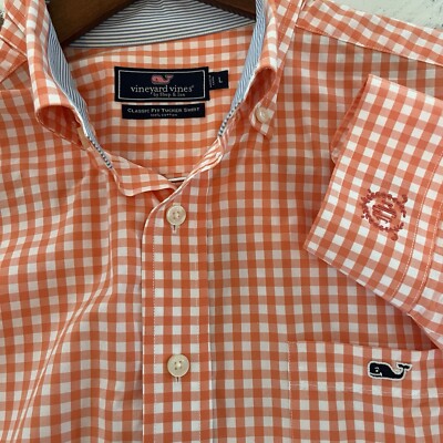 Vineyard Vines Shirt Men's Large Slim Fit Whale Orange White Check Button Preppy