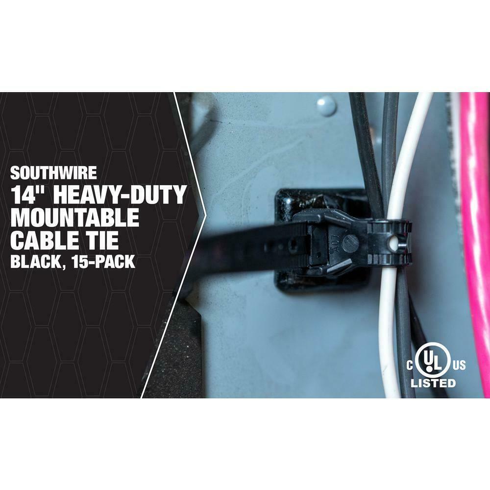 15Pack Southwire 14" Heavy Duty Mountable Black Cable Zip Ties Indoor