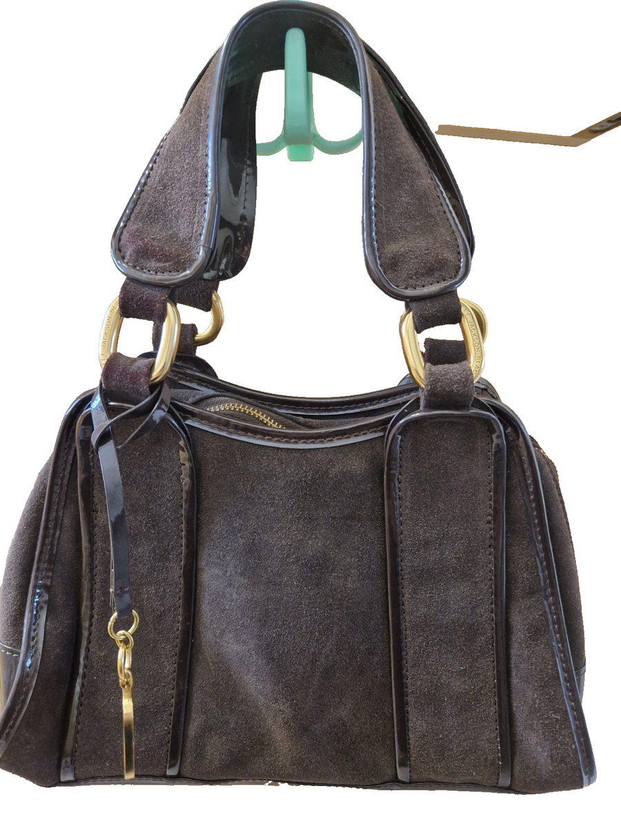 Betty Jackson Brown Suede Patent Leather Top Handles Tote