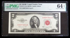 1953 B $2 LEGAL TENDER NOTE FR # 1511 SMITH DILLON PMG CU 64 EPQ