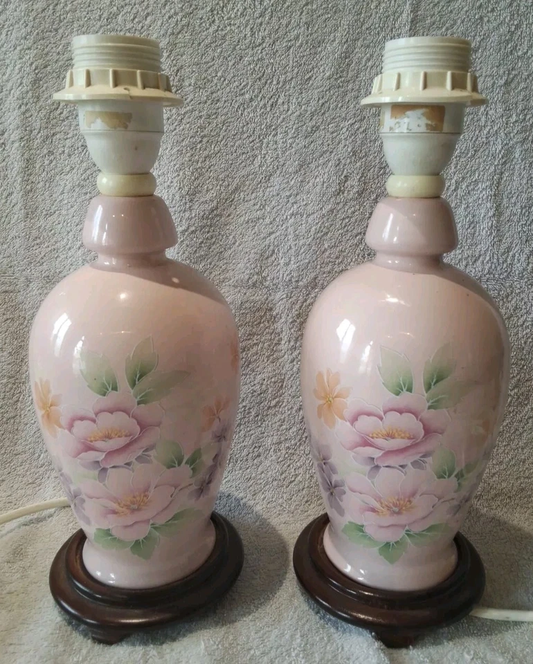 2 Ancienne Lampe De Chevet,Bureau, Salon, en Céramique motif fleurs vintage 1980 - Photo 1/4