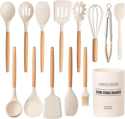 Luxurious 14 Piece Non Stick Silicone Utensil Set with Elegant Wooden Handles - Picture 3 of 9