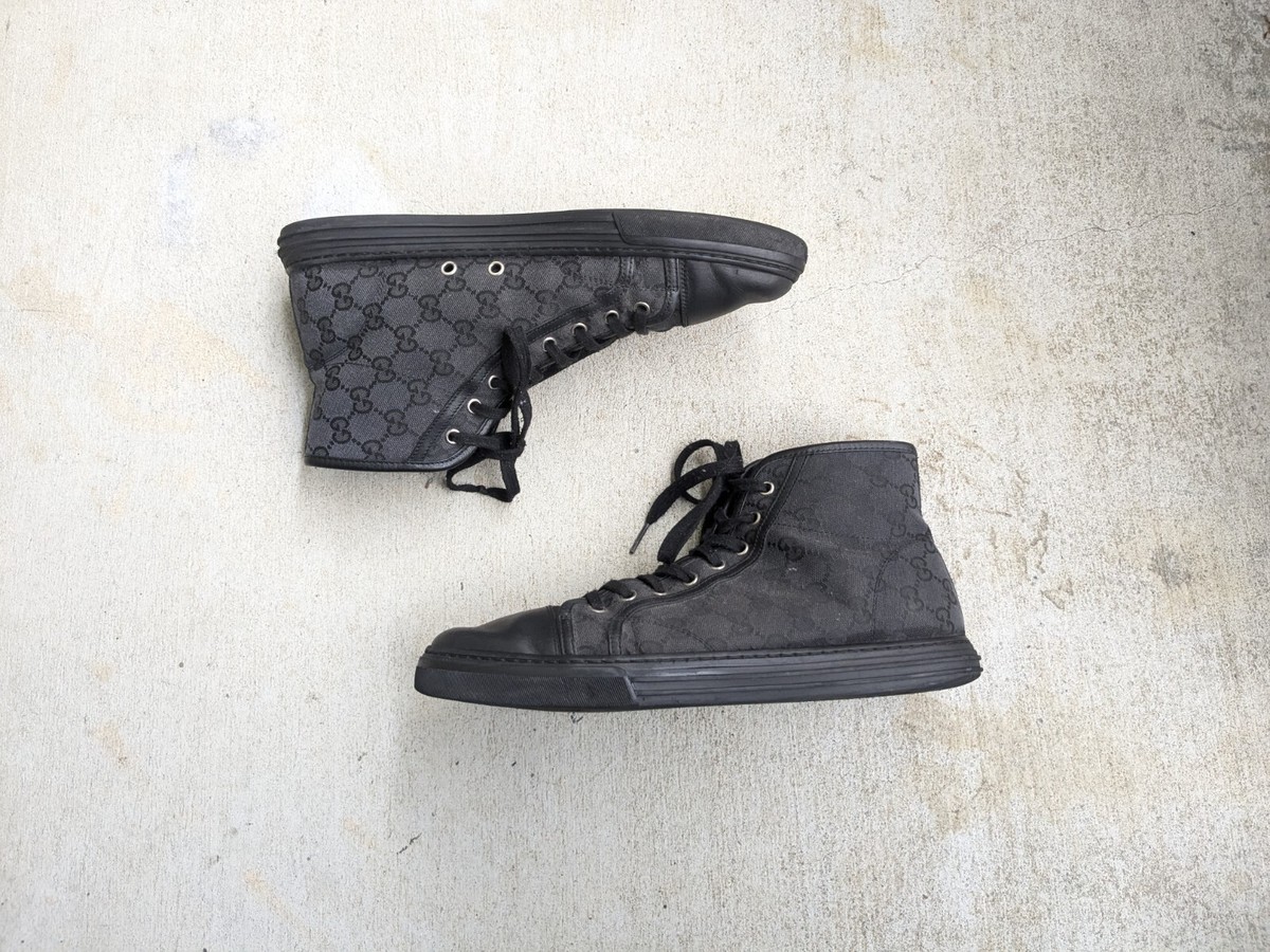 Gucci Sneakers Black Canvas Monogram Men 9.5 Logo Leather Shoes