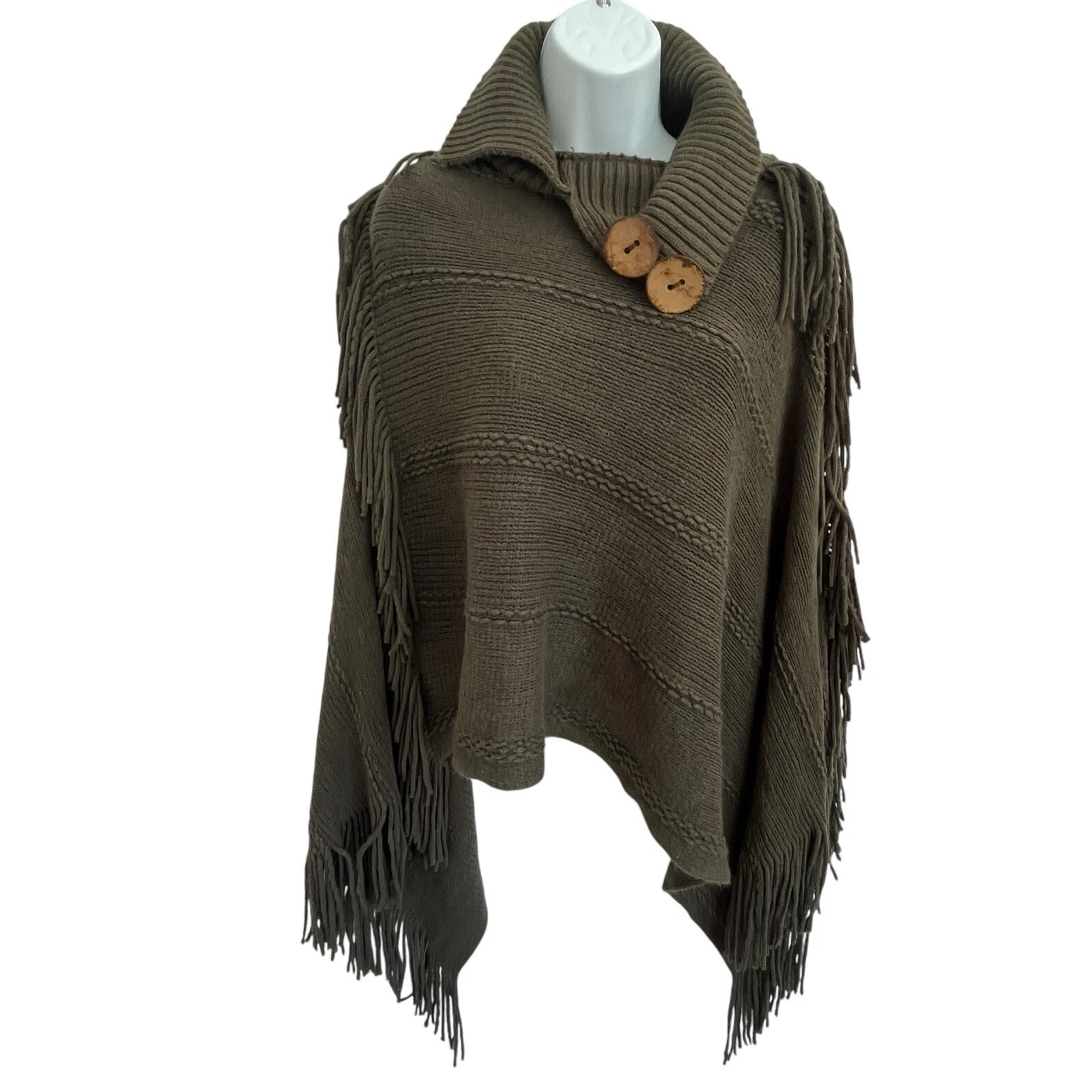 Leto Collection Fringe Poncho Wrap Olive Green Button Neck One Size Boho Y2K