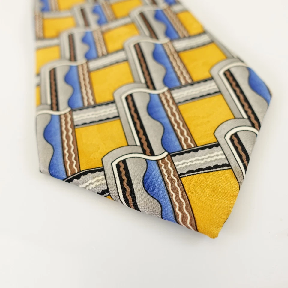 Corbata de cuello Ketch para hombre azul amarillo geométrico Art Deco audaz moderno traje vestido esmoquin Foto 2 de 4