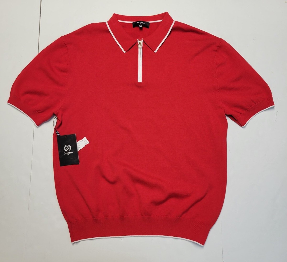 $178 DELETTO Men's XL Red Jersey Knit Pima Cotton Quarter Zip Polo