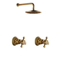 8“ Antique Brass Shower Faucet Rain Shower Head 2 Handles Mixer Valve Wall Mount
