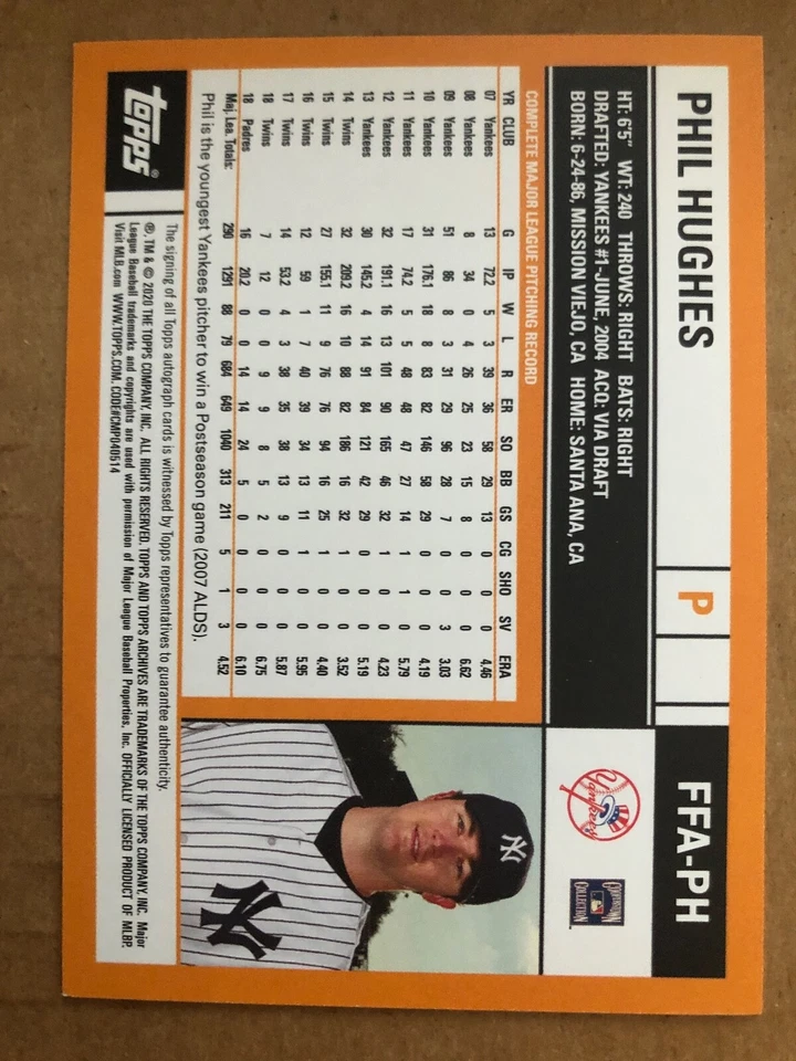 2020 Topps Archives Fan Favorites Auto Phil Hughes #FFA-PH auto New York Yankees - Image 2 of 2
