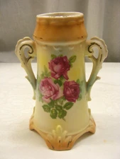 Vintage Austria Porcelain 6" Tall Double Handled Vase Pink Roses 21-a