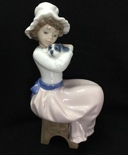 Retro Lladro Nao 'A Big Hug' Girl On Stool With Dog Figurine 17cm Mint Condito