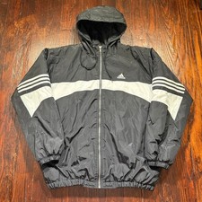 Vintage Adidas Jacket Mens M Black Hooded Quilted Insulated Stripes 90s Y2K