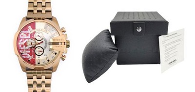 DIESEL DZ4642 MEGA CHIEF 51mm Chronograph Watch  Gold & Red Logo Dial  $270