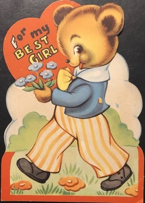 Vtg Valentine DieCut Card Cute Anthro Bear Suit  For My Best Girl  Flowers